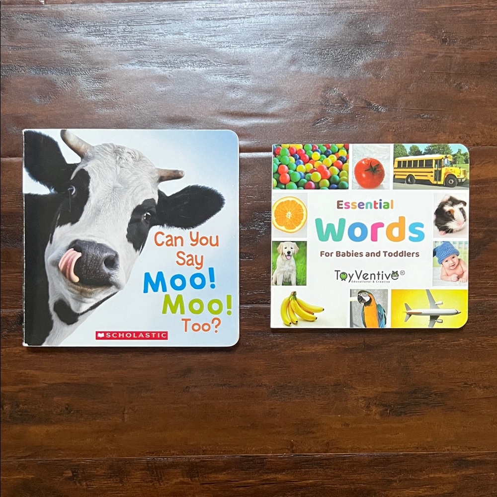 5/$10 Kids Books | 2 Board Books: Can You Say Moo! Moo! Too? & Essential Words